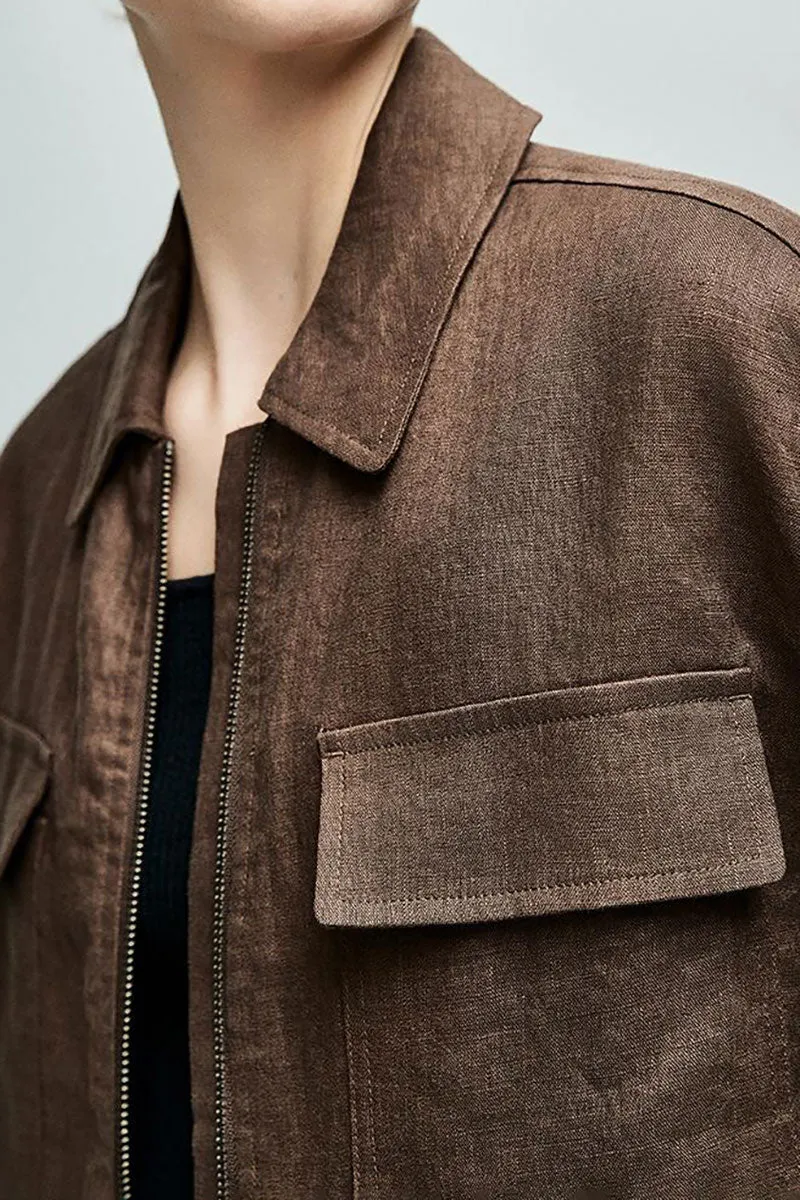 Premium French Linen Cropped Zip-Up Utility Jacket in Brown