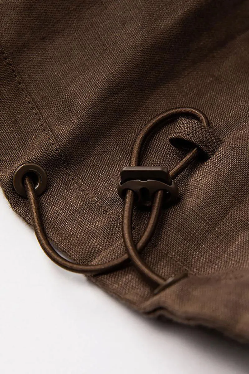 Premium French Linen Cropped Zip-Up Utility Jacket in Brown