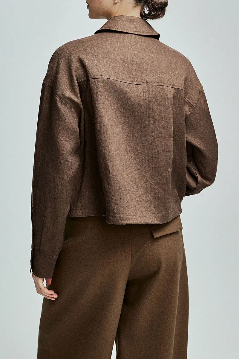 Premium French Linen Cropped Zip-Up Utility Jacket in Brown