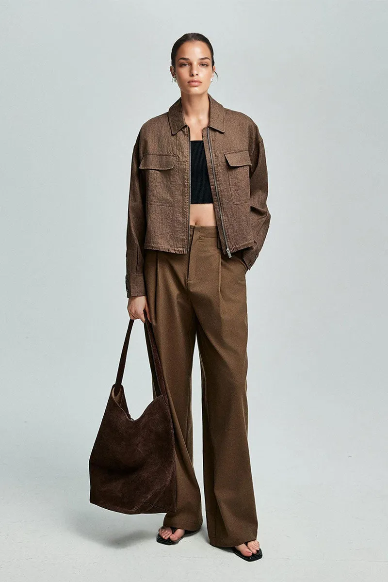Premium French Linen Cropped Zip-Up Utility Jacket in Brown