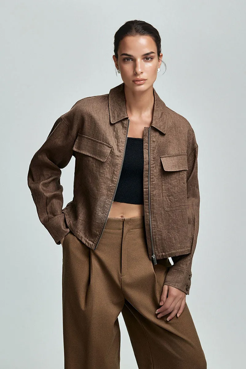 Premium French Linen Cropped Zip-Up Utility Jacket in Brown