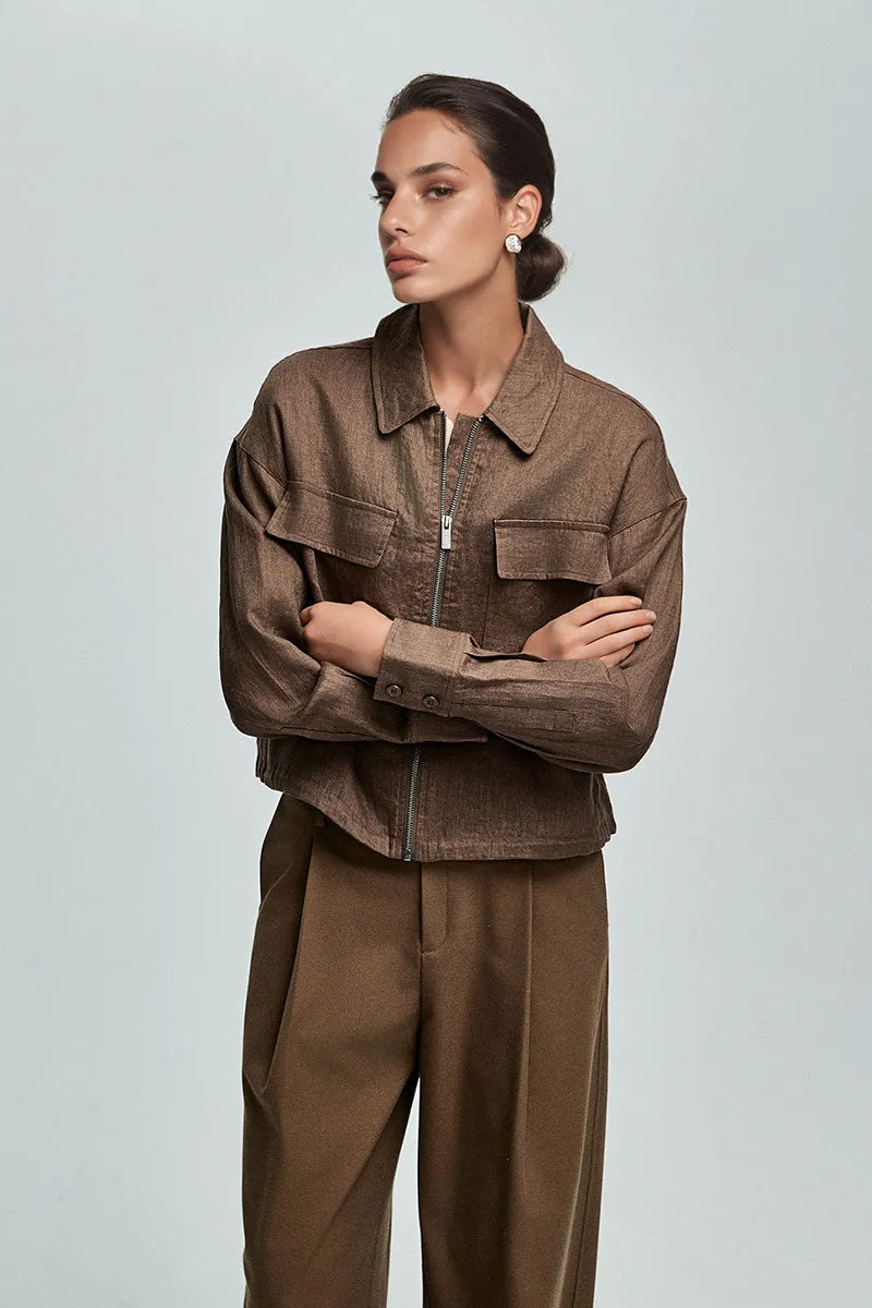Premium French Linen Cropped Zip-Up Utility Jacket in Brown