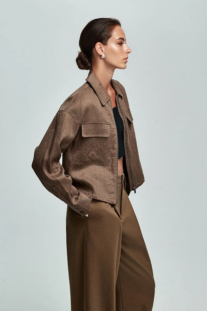 Premium French Linen Cropped Zip-Up Utility Jacket in Brown