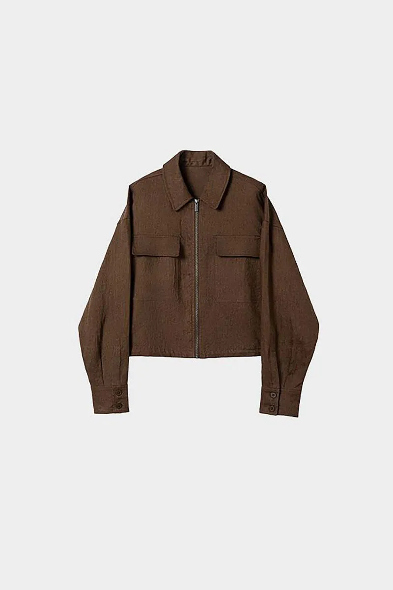 Premium French Linen Cropped Zip-Up Utility Jacket in Brown