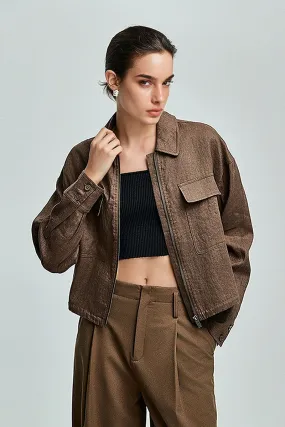 Premium French Linen Cropped Zip-Up Utility Jacket in Brown
