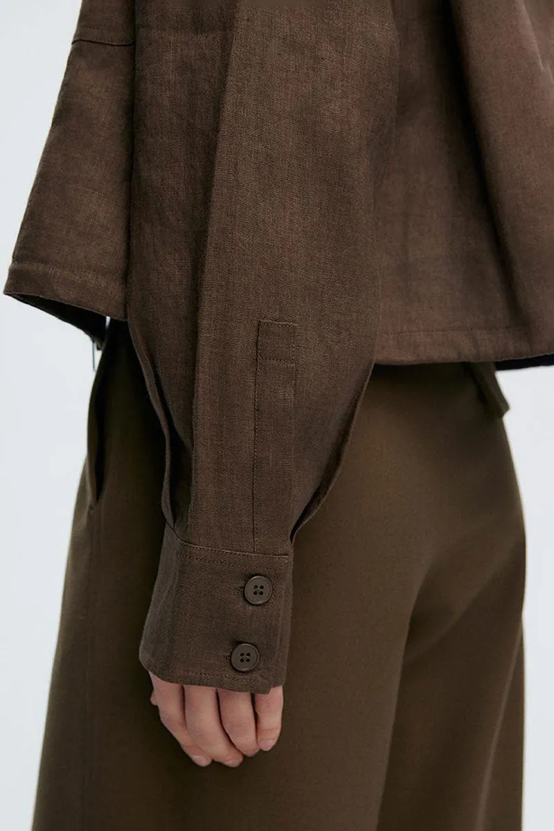 Premium French Linen Cropped Zip-Up Utility Jacket in Brown