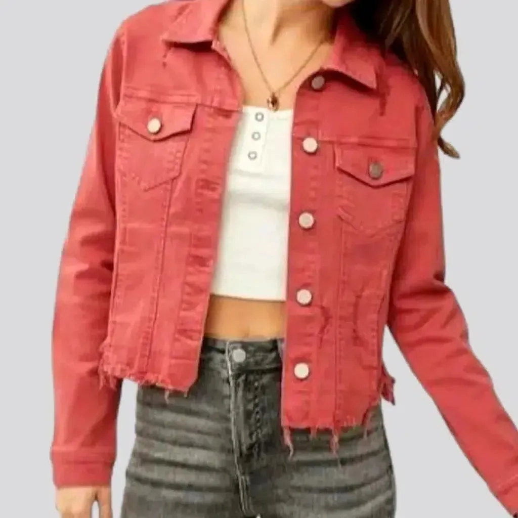 Raw-hem moderate-stretch denim jacket for women