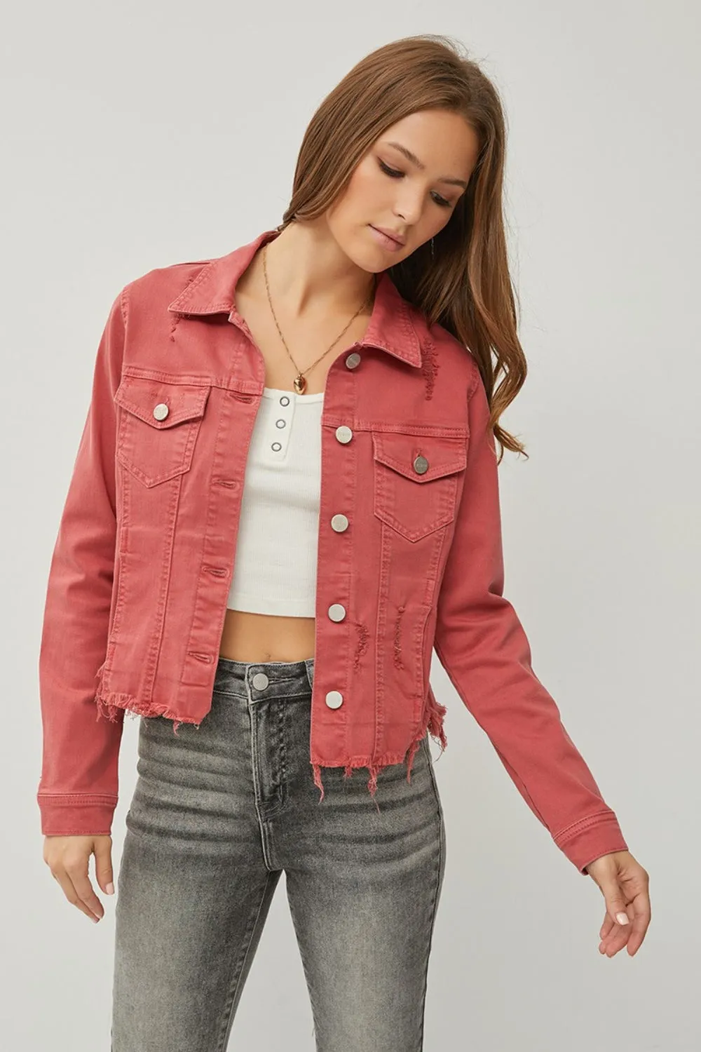 Raw-hem moderate-stretch denim jacket for women