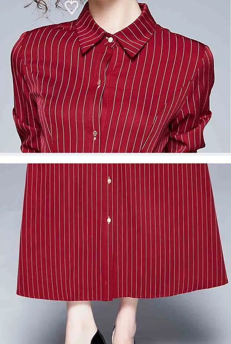 Red Striped Long Sleeve Shirt Maxi Dress