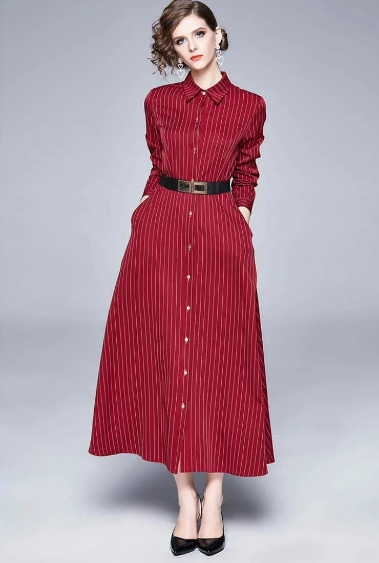 Red Striped Long Sleeve Shirt Maxi Dress