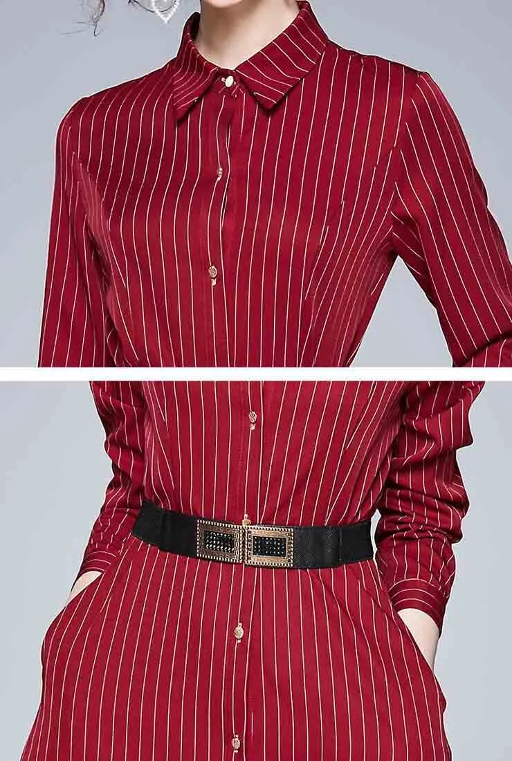 Red Striped Long Sleeve Shirt Maxi Dress