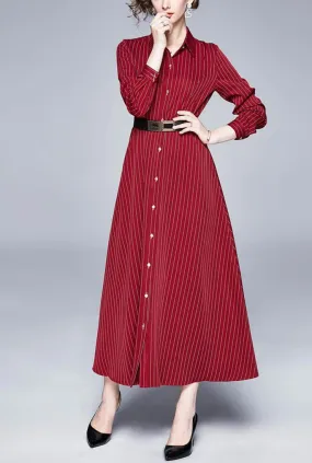 Red Striped Long Sleeve Shirt Maxi Dress