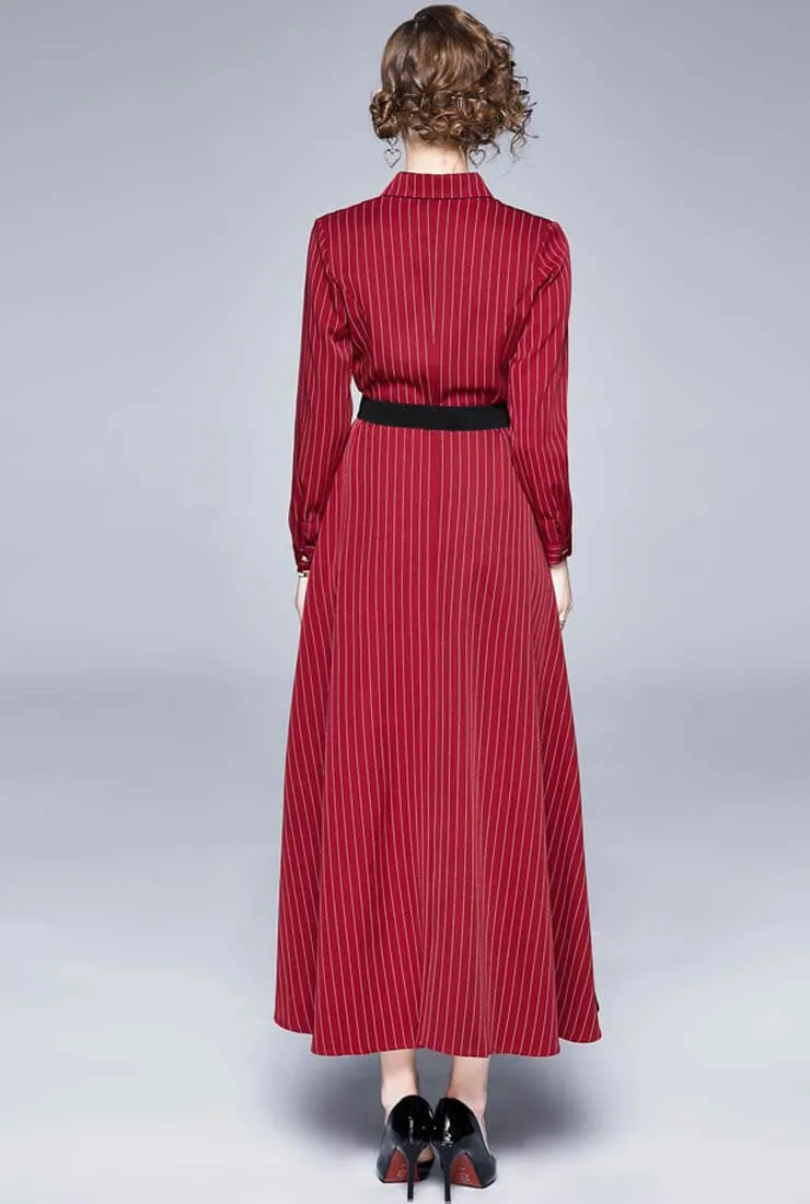 Red Striped Long Sleeve Shirt Maxi Dress