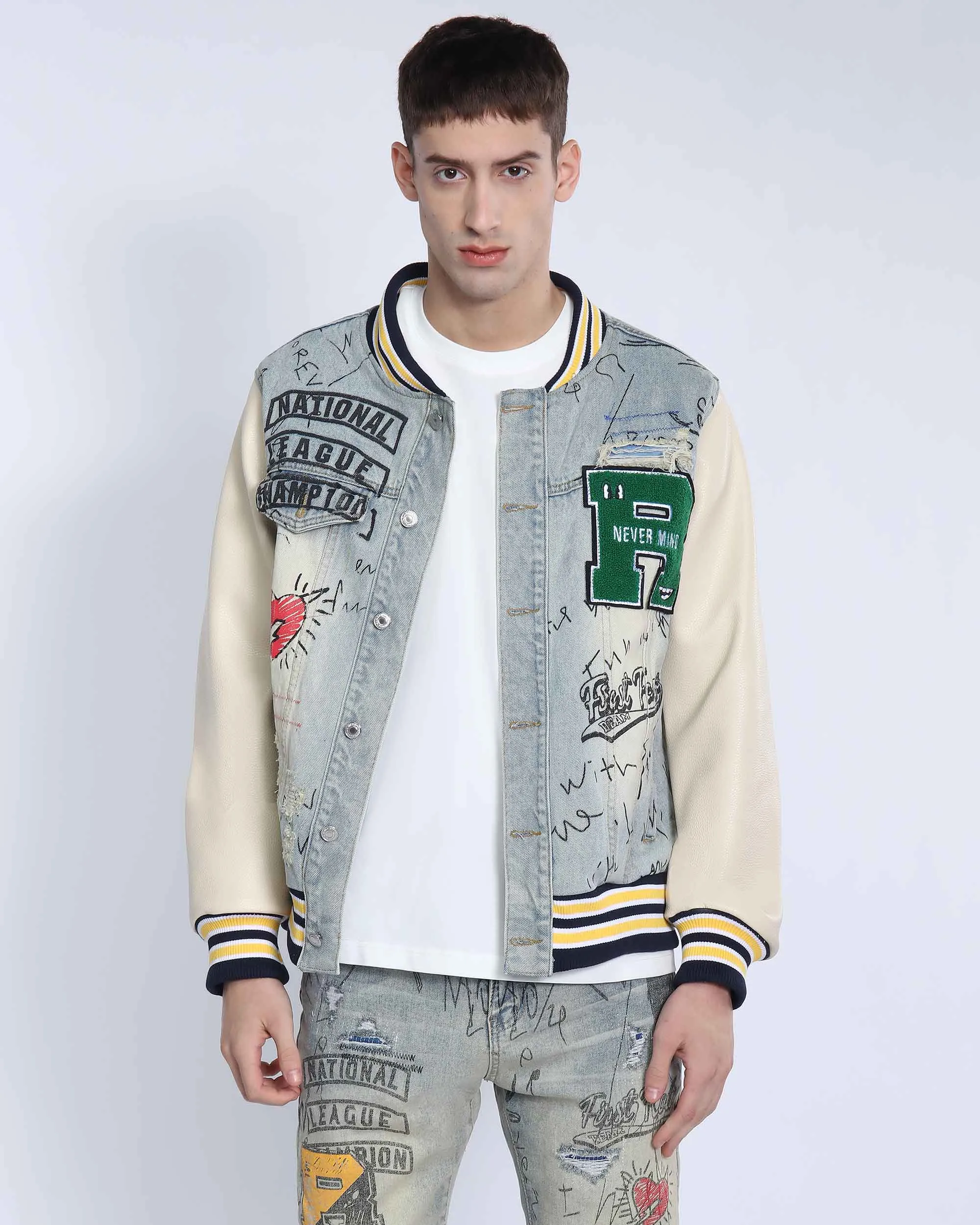 Retro Baseball Denim Jacket with Distressed Details-Mexico Local Delivery