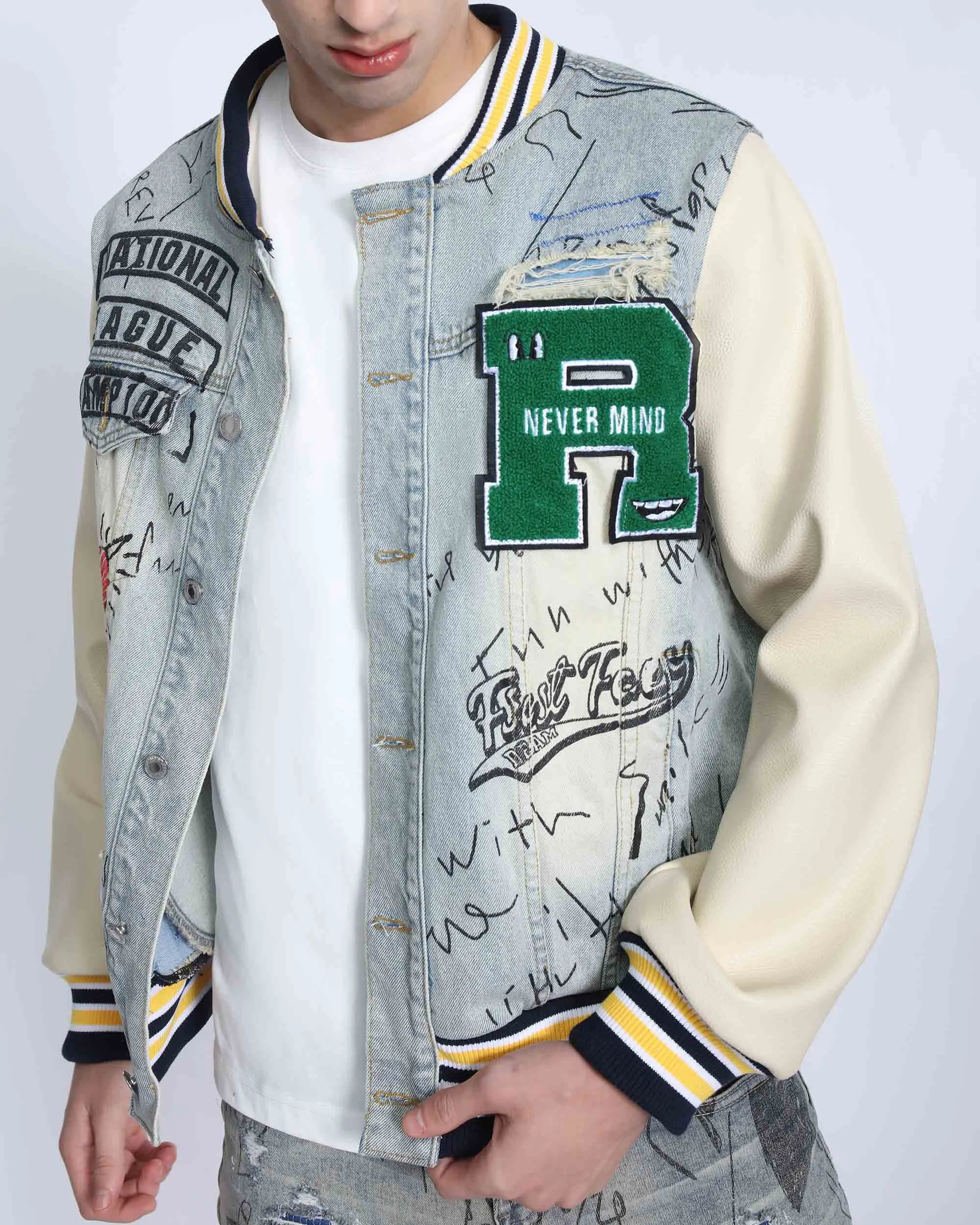 Retro Baseball Denim Jacket with Distressed Details-Mexico Local Delivery