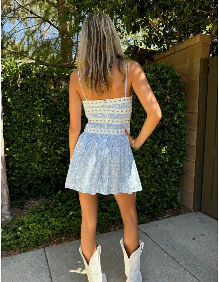 Ribbon Lace Detail Mini Dress in Blue