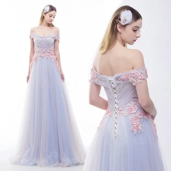 Simple Flowy A-line Off The Shoulder Lace Up Long Prom Dress
