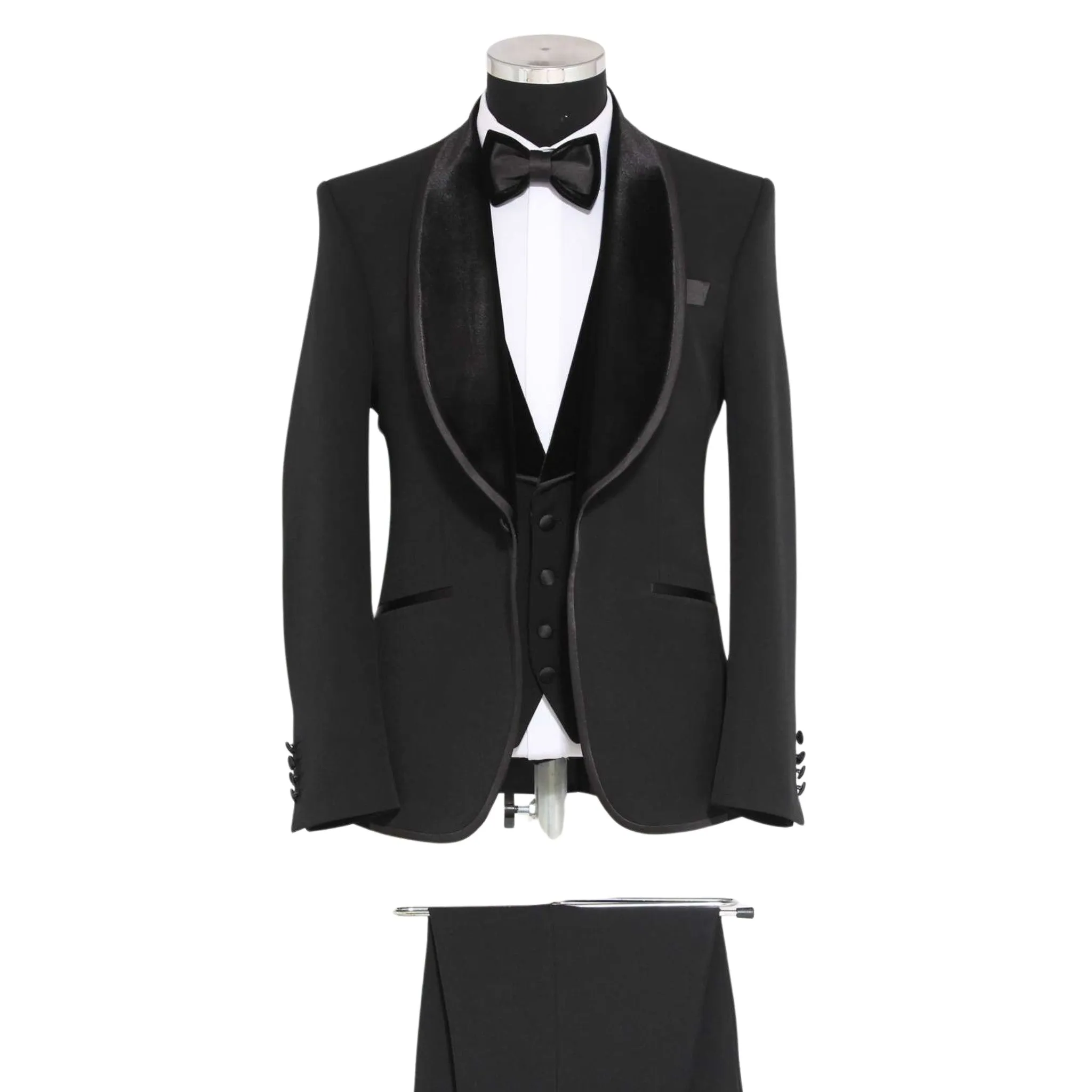 Sleek Jet Black Three-Piece Tuxedo with Velvet Lapel - A Timeless Elegance for 2024 Prom and Wedding Seasons