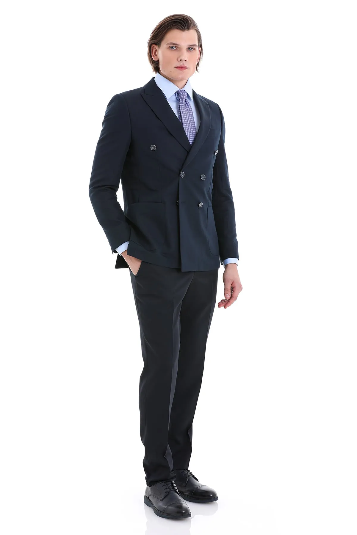 Slim Fit Double Breasted Navy Linen Casual Blazer