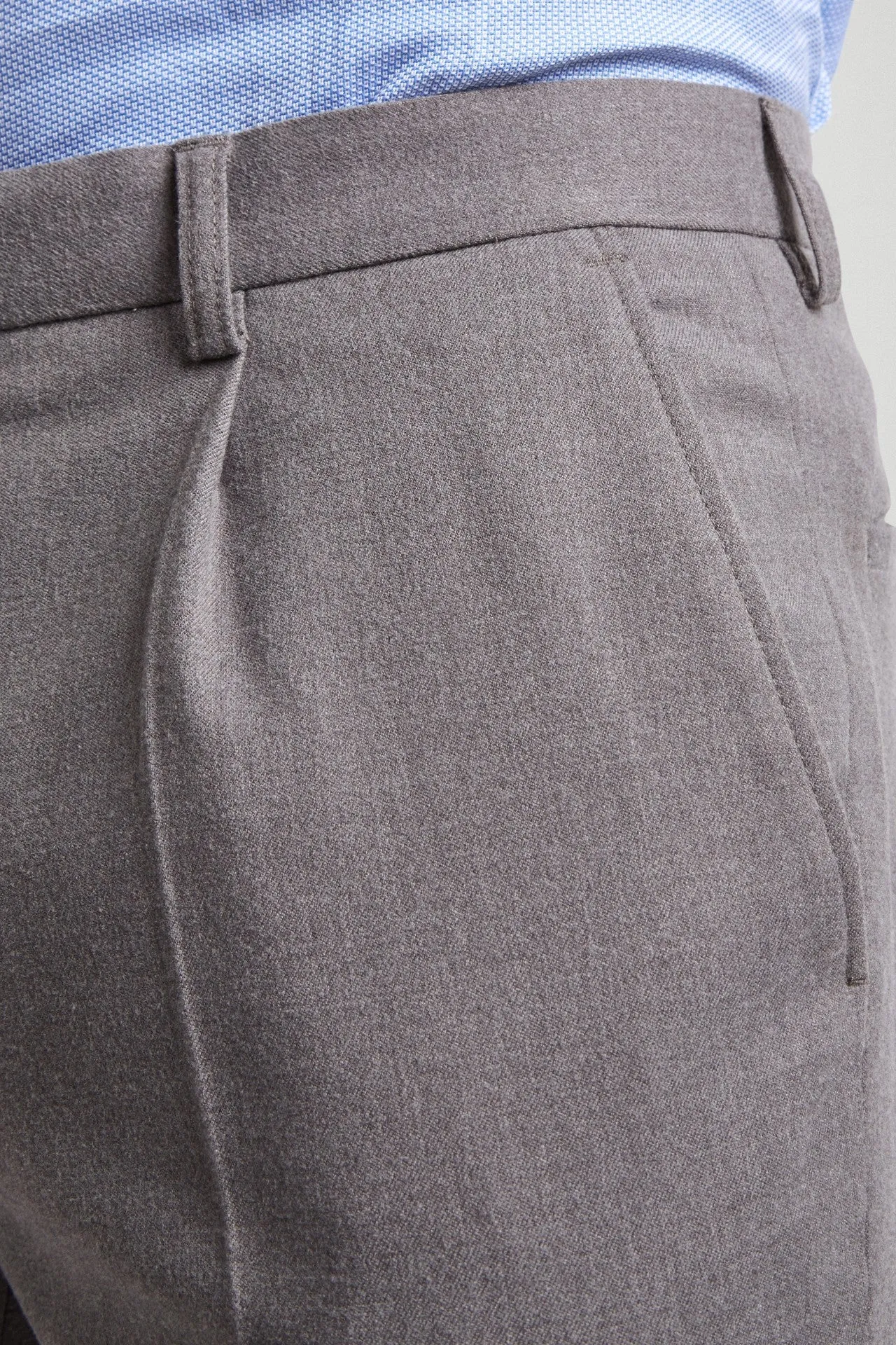 Slim Fit Light Grey Flannel Single Pleat Front Cropped Trousers