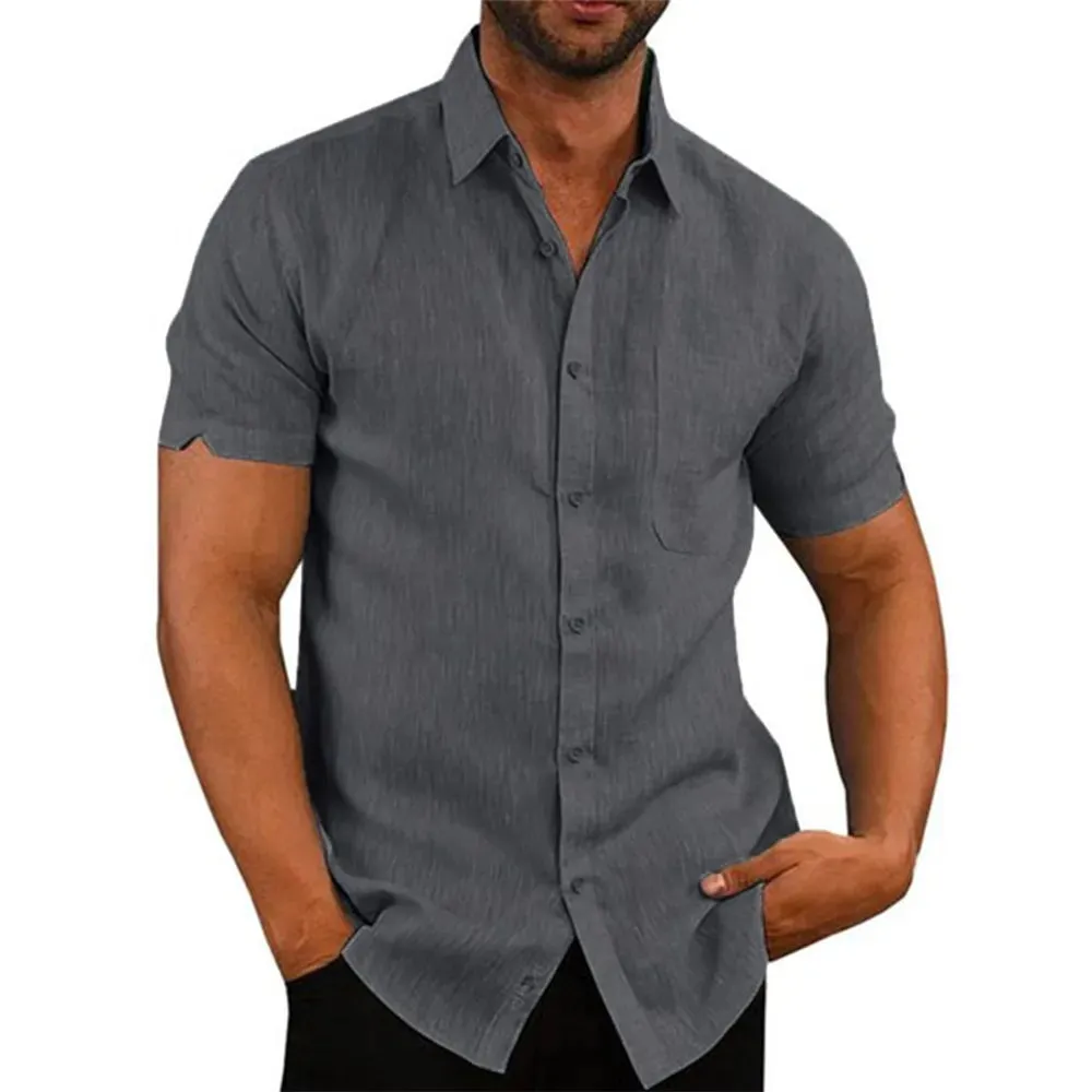 Turn-down Collar Cotton Linen Men's Short-Sleeved Shirt - Casual Beach Style