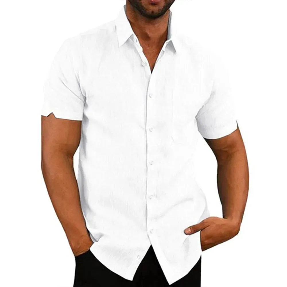 Turn-down Collar Cotton Linen Men's Short-Sleeved Shirt - Casual Beach Style