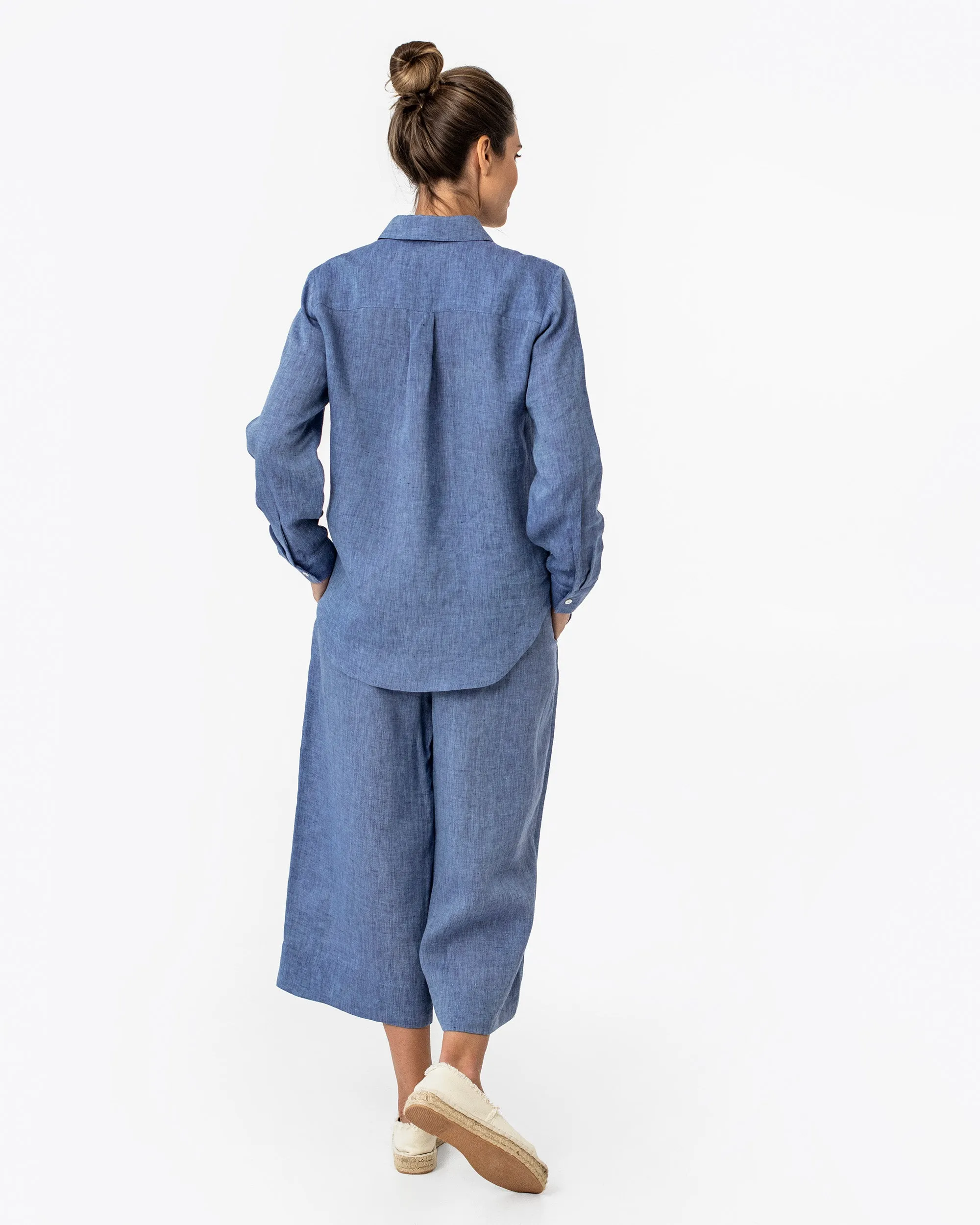 Wide leg linen culotte pants BRUNY in Denim chambray