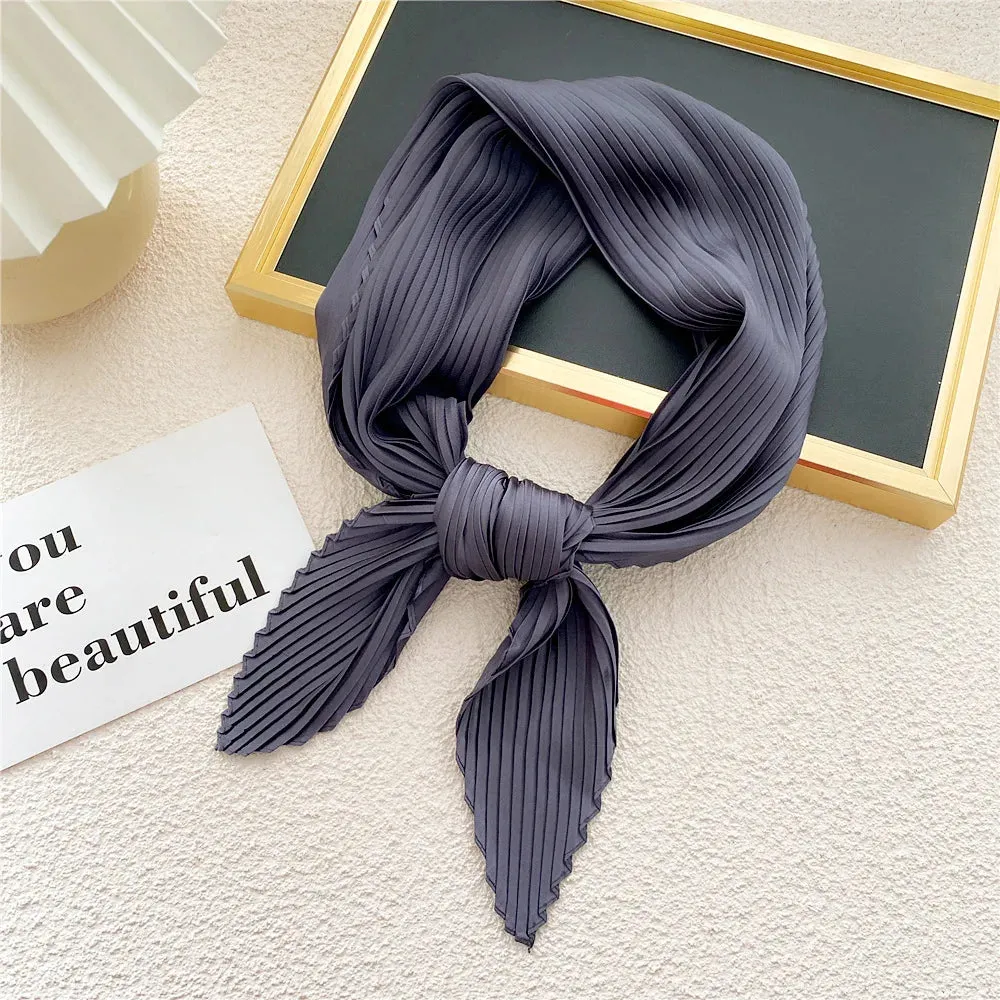 Women'S Pleated Print Silk Scarf Satin Spring Summer 70*70cm Neckerchief Decorative Accessory