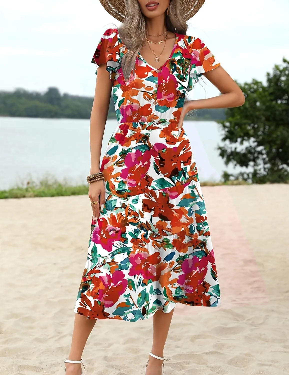 Zeagoo Women's Casual Dress Flutter Button Down Tiered Flowy Dress