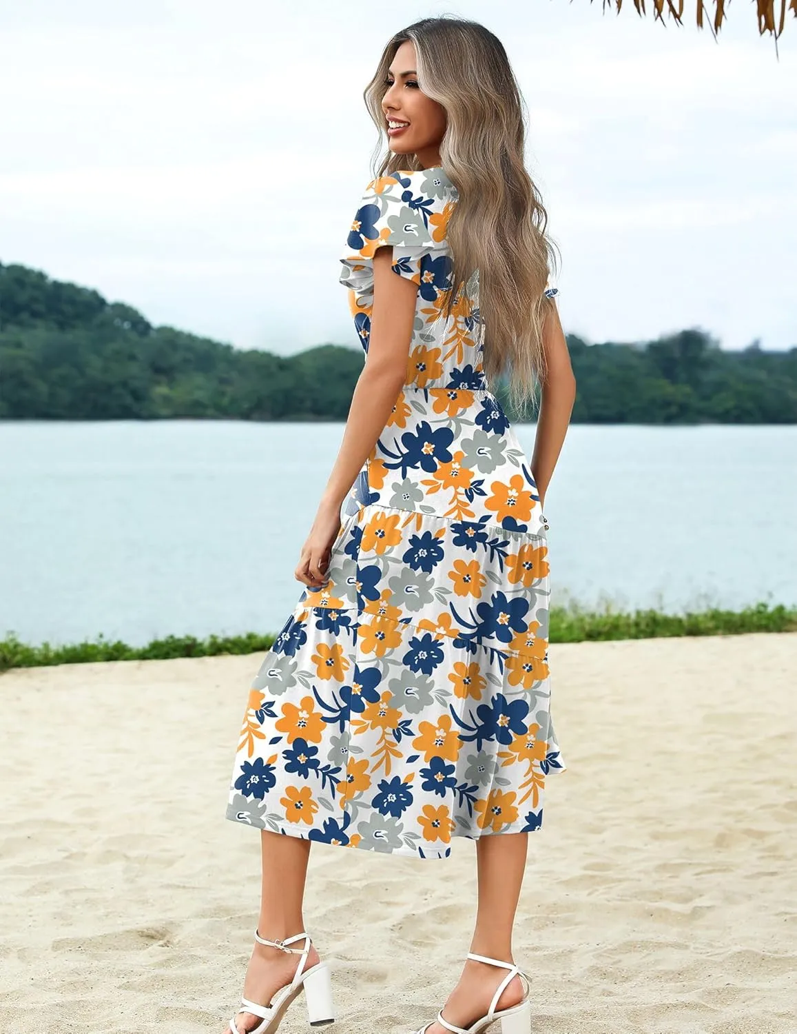 Zeagoo Women's Casual Dress Flutter Button Down Tiered Flowy Dress