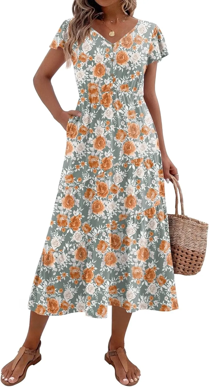 Zeagoo Women's Casual Dress Flutter Button Down Tiered Flowy Dress