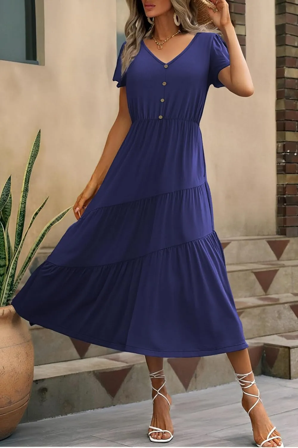 Zeagoo Women's Casual Dress Flutter Button Down Tiered Flowy Dress