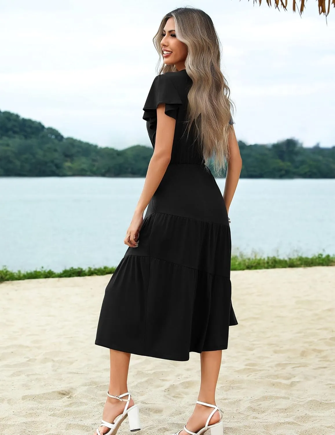 Zeagoo Women's Casual Dress Flutter Button Down Tiered Flowy Dress