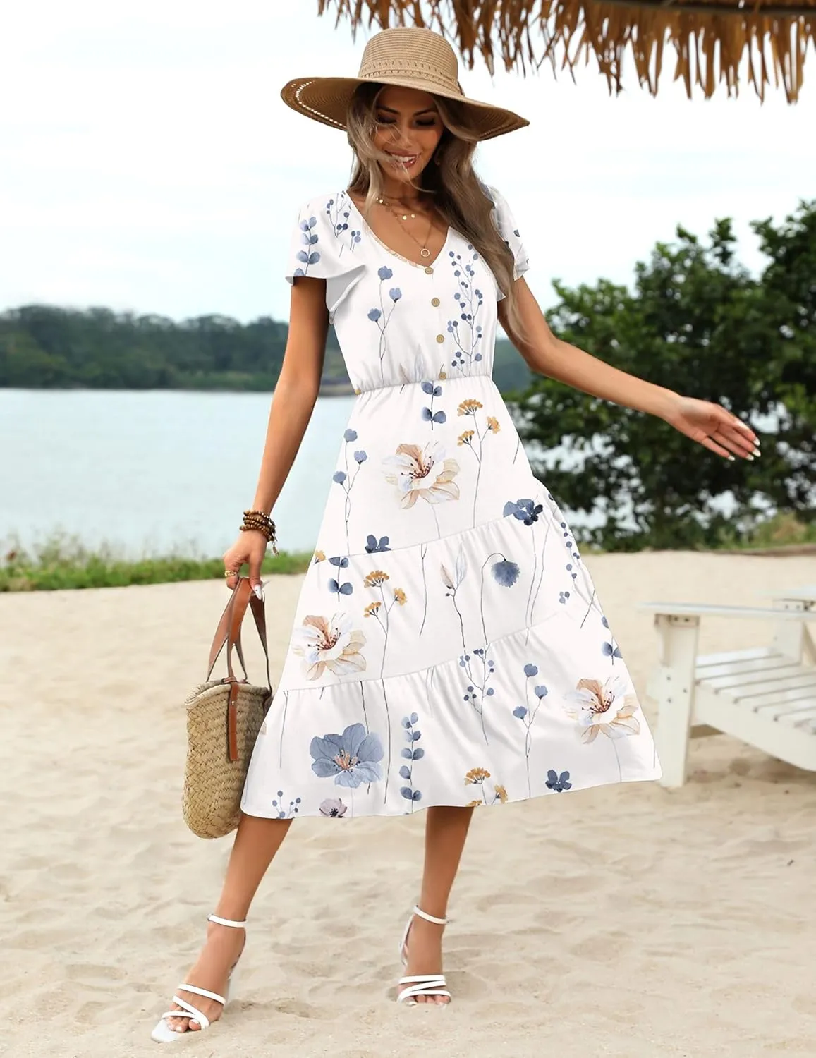 Zeagoo Women's Casual Dress Flutter Button Down Tiered Flowy Dress