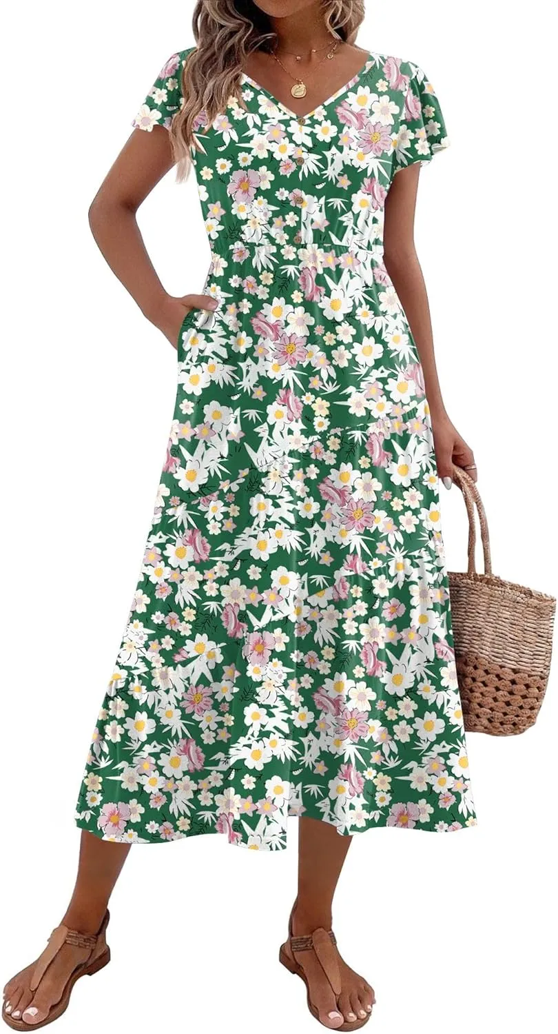 Zeagoo Women's Casual Dress Flutter Button Down Tiered Flowy Dress