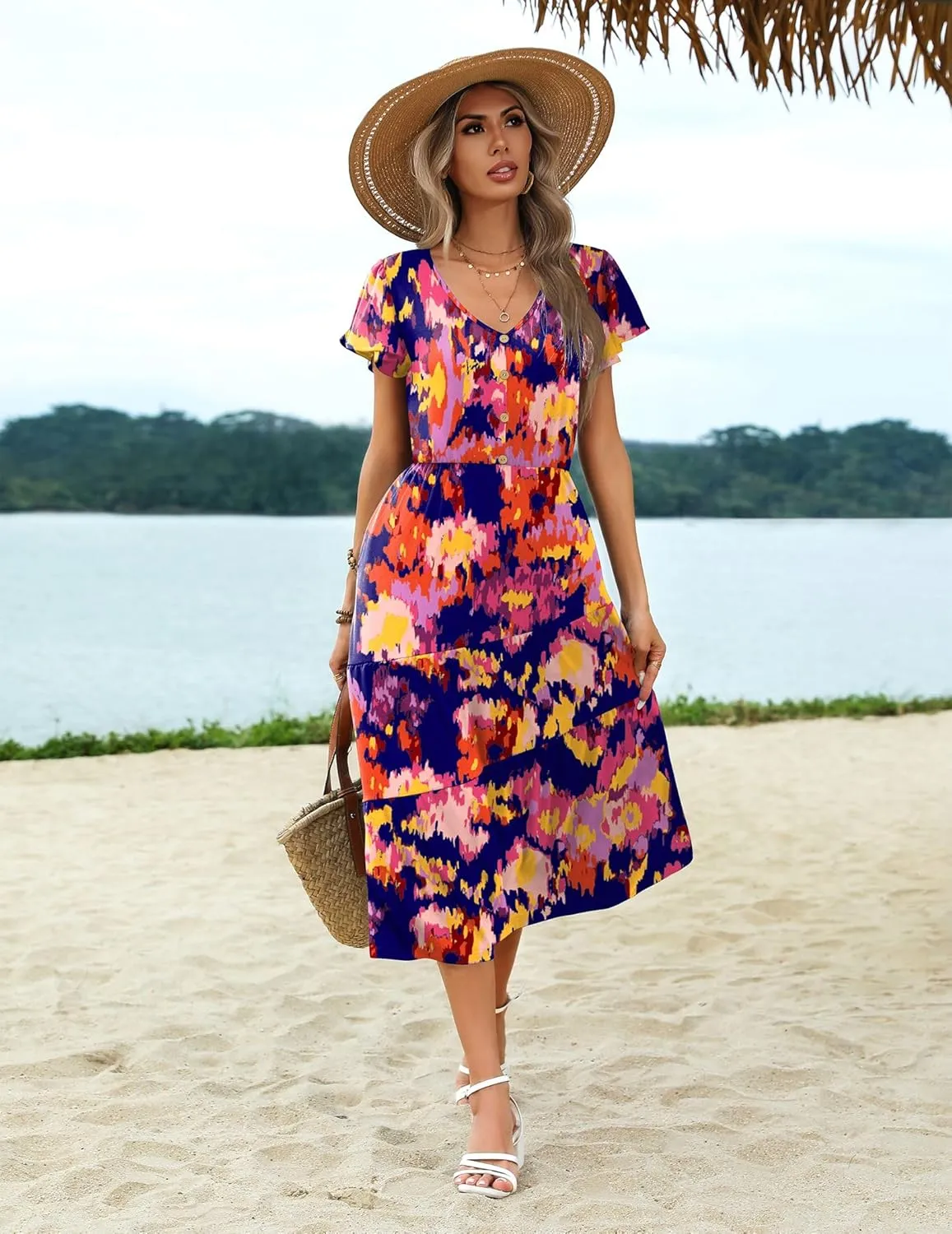 Zeagoo Women's Casual Dress Flutter Button Down Tiered Flowy Dress
