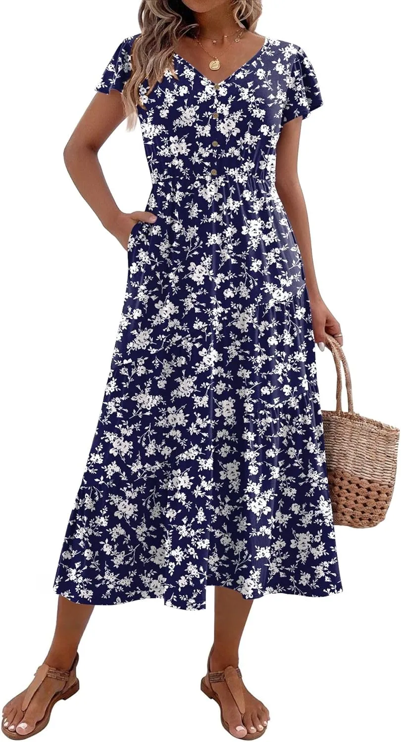 Zeagoo Women's Casual Dress Flutter Button Down Tiered Flowy Dress