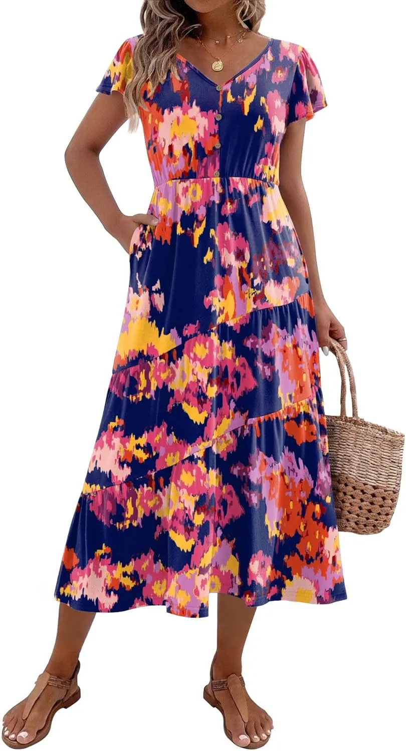 Zeagoo Women's Casual Dress Flutter Button Down Tiered Flowy Dress