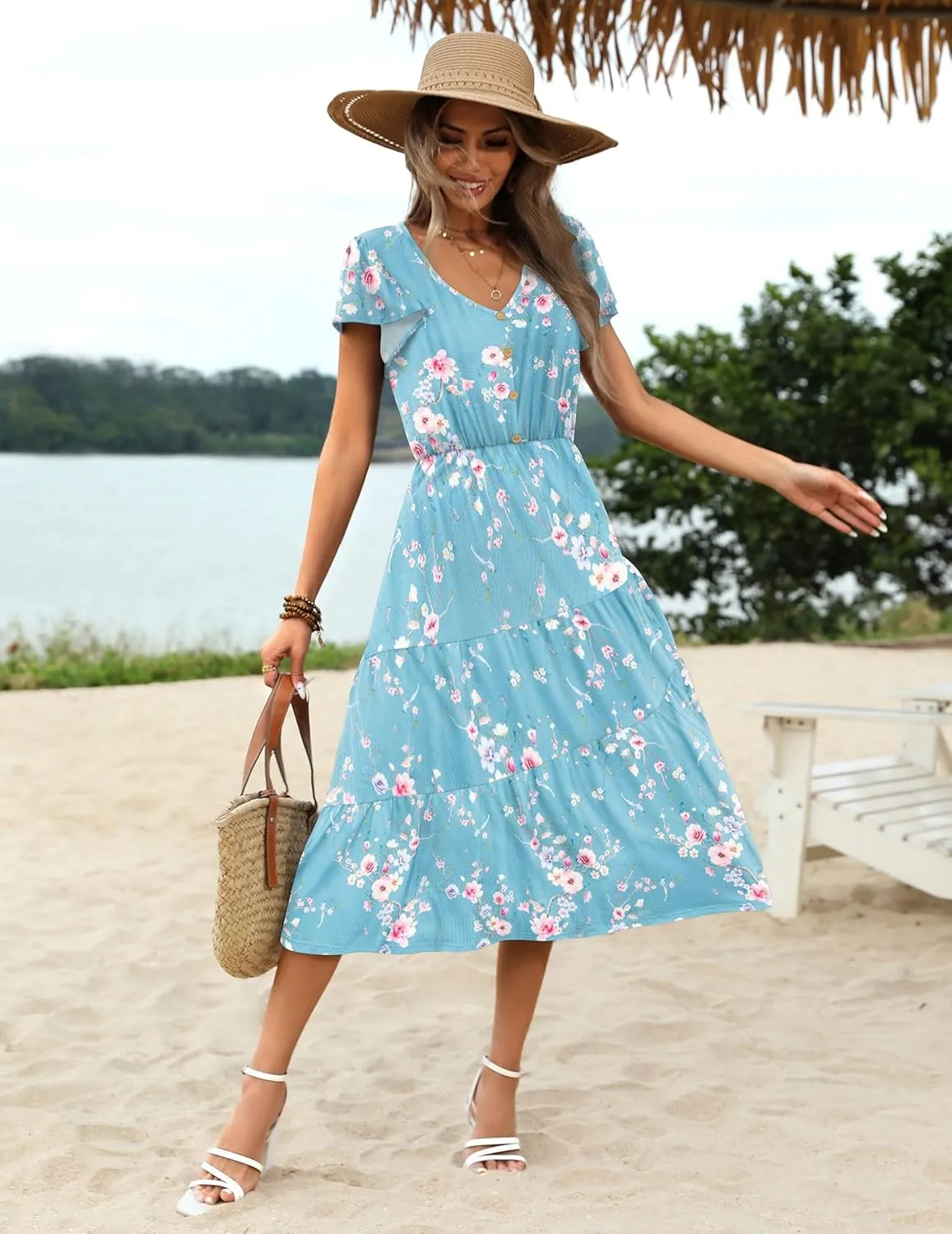 Zeagoo Women's Casual Dress Flutter Button Down Tiered Flowy Dress