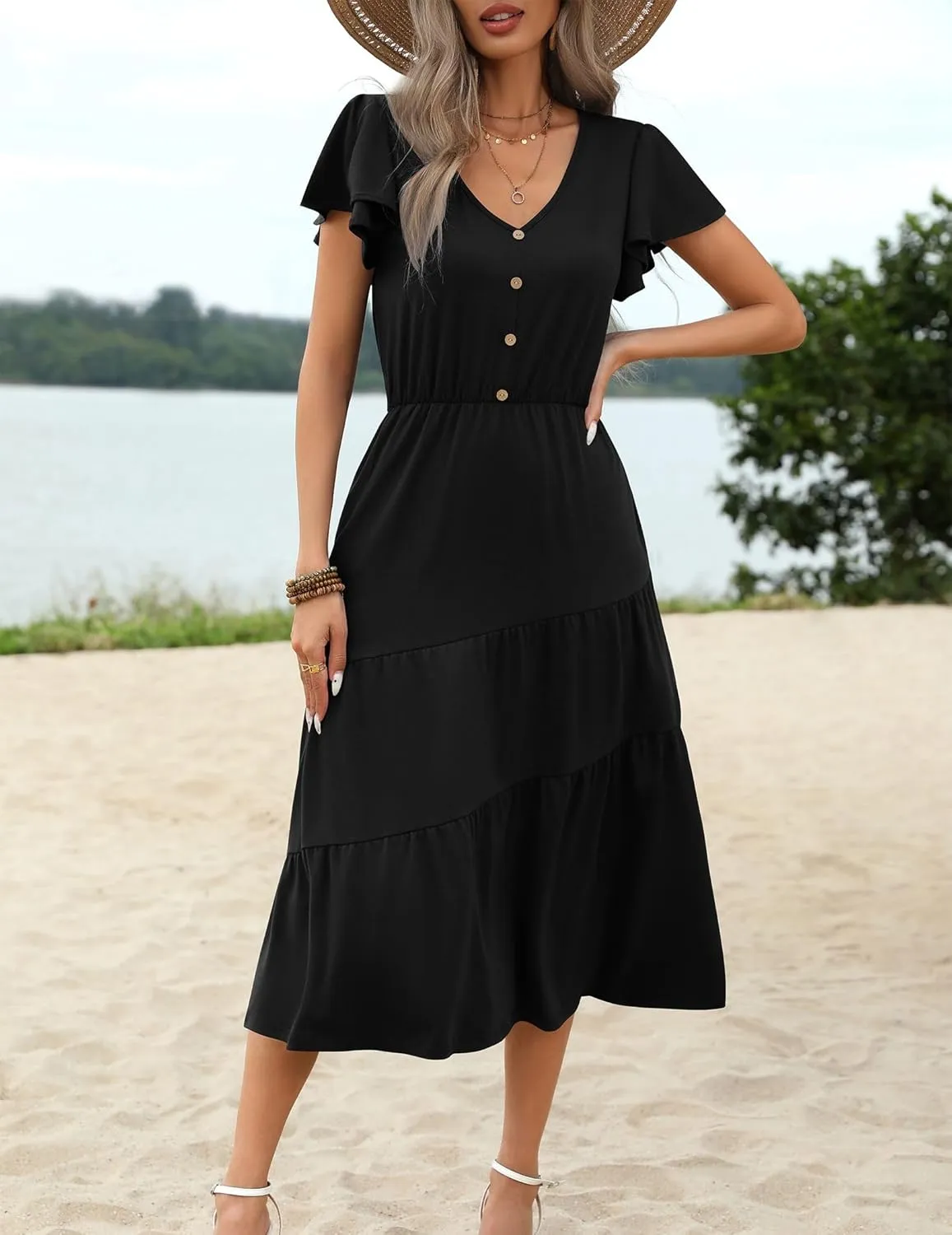 Zeagoo Women's Casual Dress Flutter Button Down Tiered Flowy Dress