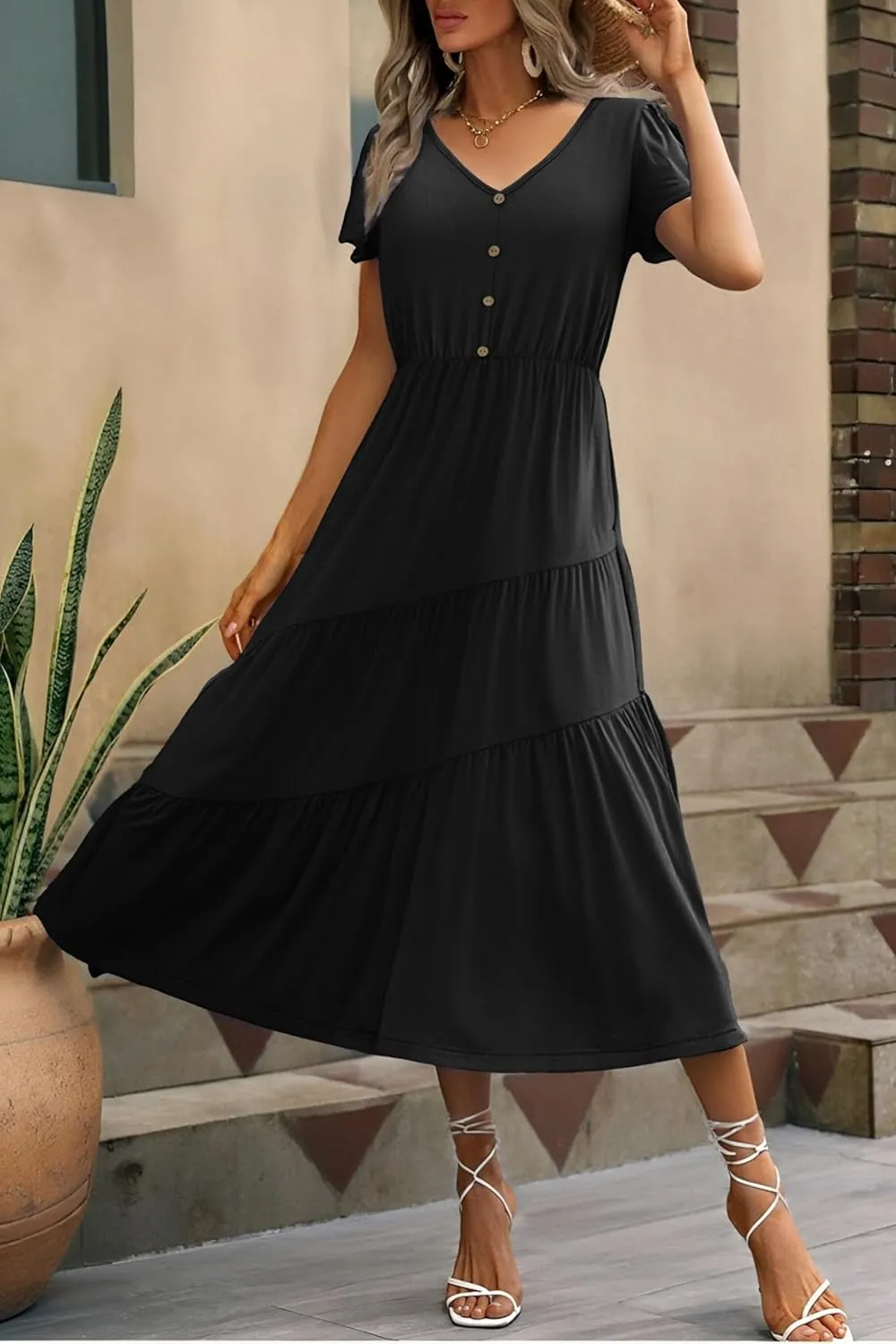 Zeagoo Women's Casual Dress Flutter Button Down Tiered Flowy Dress