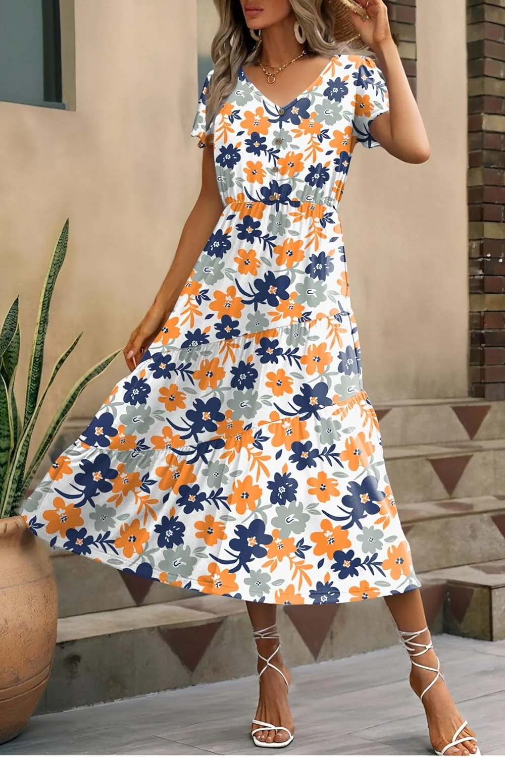 Zeagoo Women's Casual Dress Flutter Button Down Tiered Flowy Dress