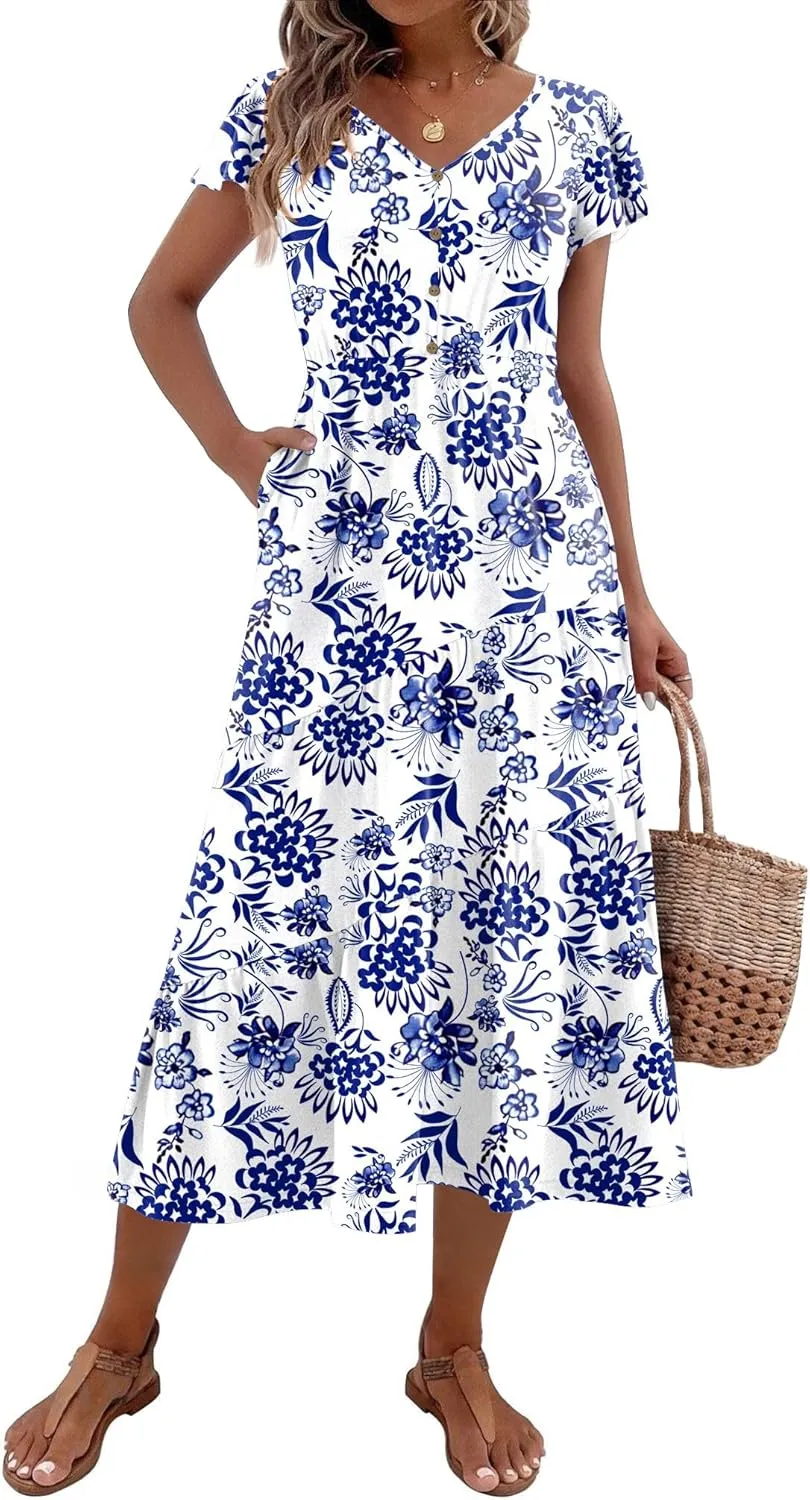 Zeagoo Women's Casual Dress Flutter Button Down Tiered Flowy Dress