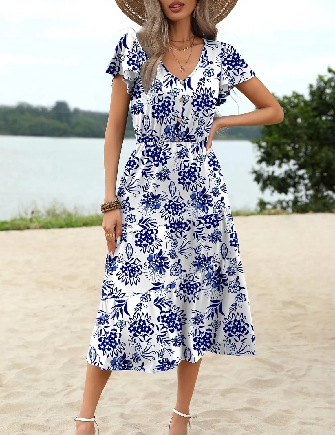 Zeagoo Women's Casual Dress Flutter Button Down Tiered Flowy Dress