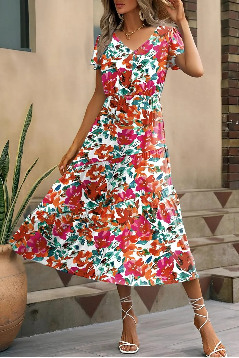 Zeagoo Women's Casual Dress Flutter Button Down Tiered Flowy Dress