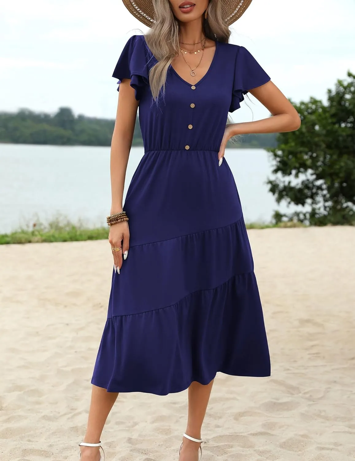 Zeagoo Women's Casual Dress Flutter Button Down Tiered Flowy Dress