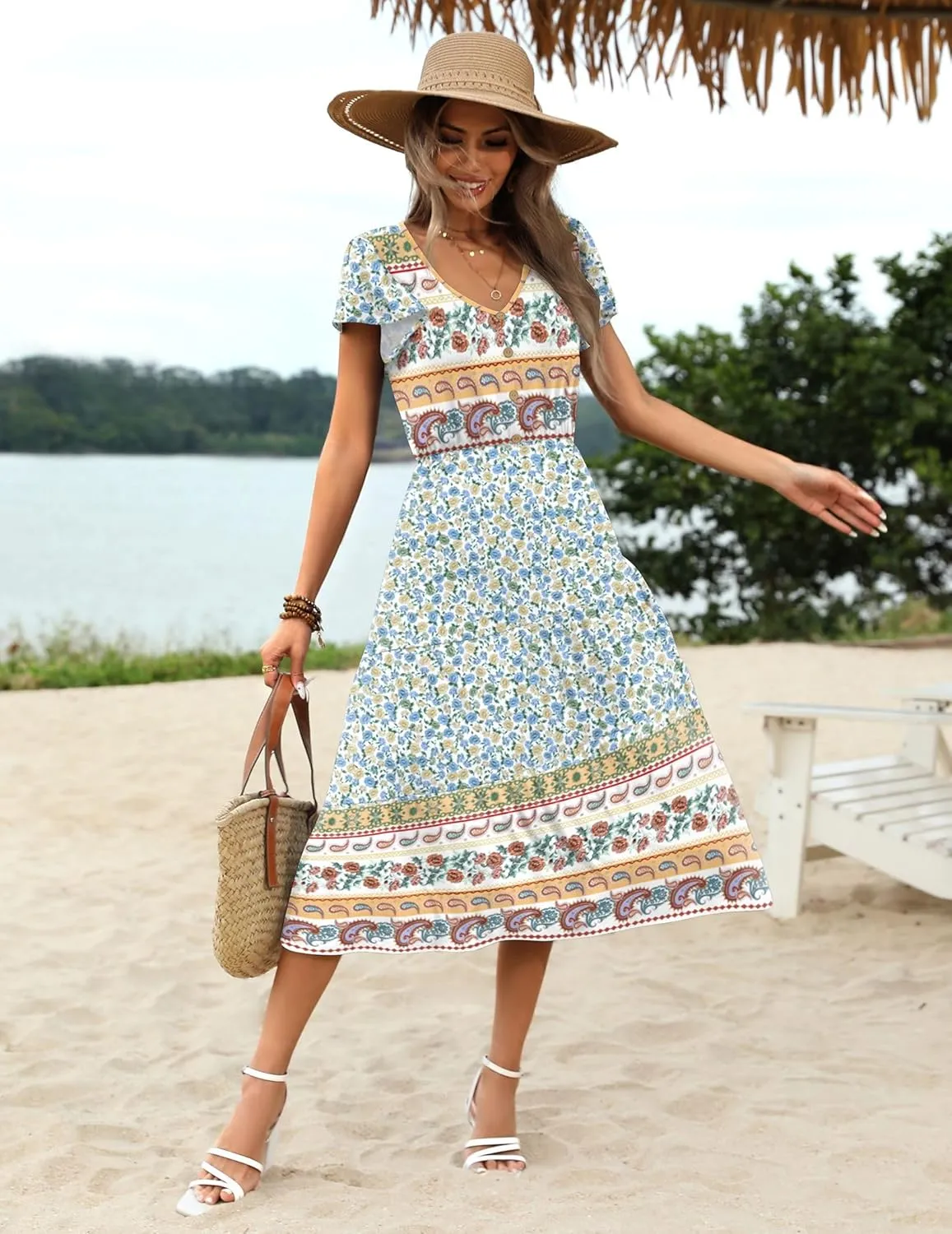 Zeagoo Women's Casual Dress Flutter Button Down Tiered Flowy Dress