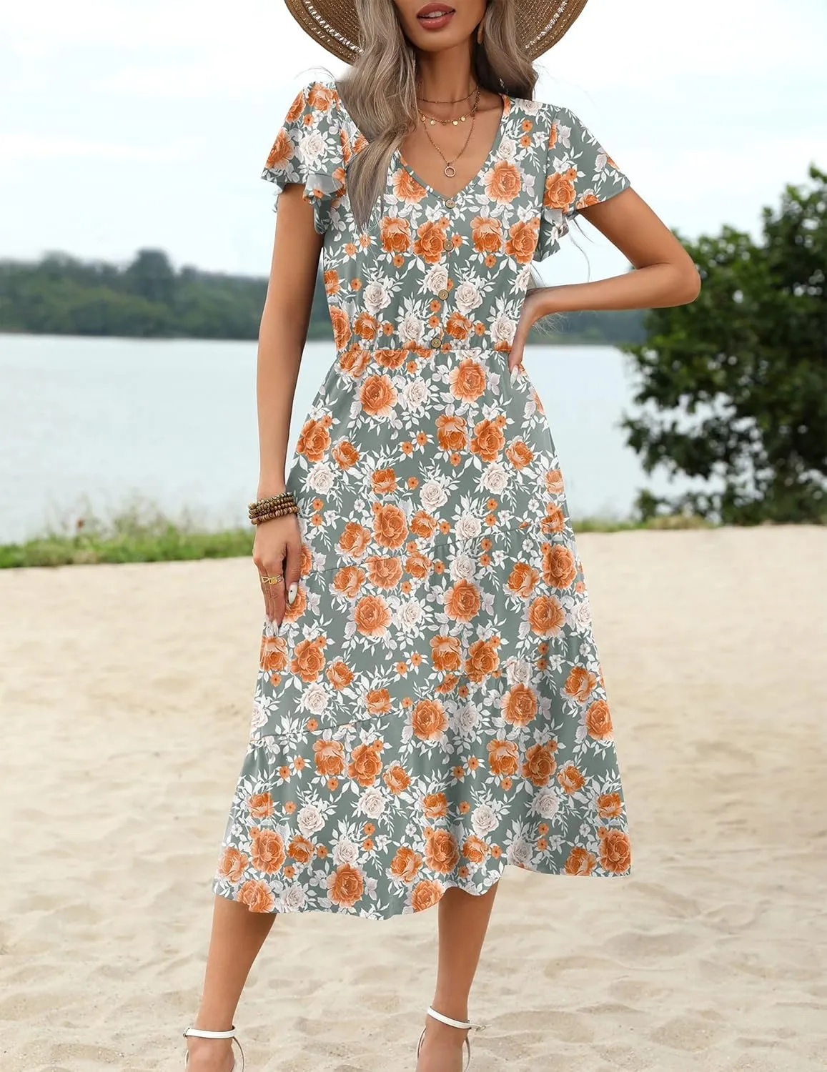 Zeagoo Women's Casual Dress Flutter Button Down Tiered Flowy Dress