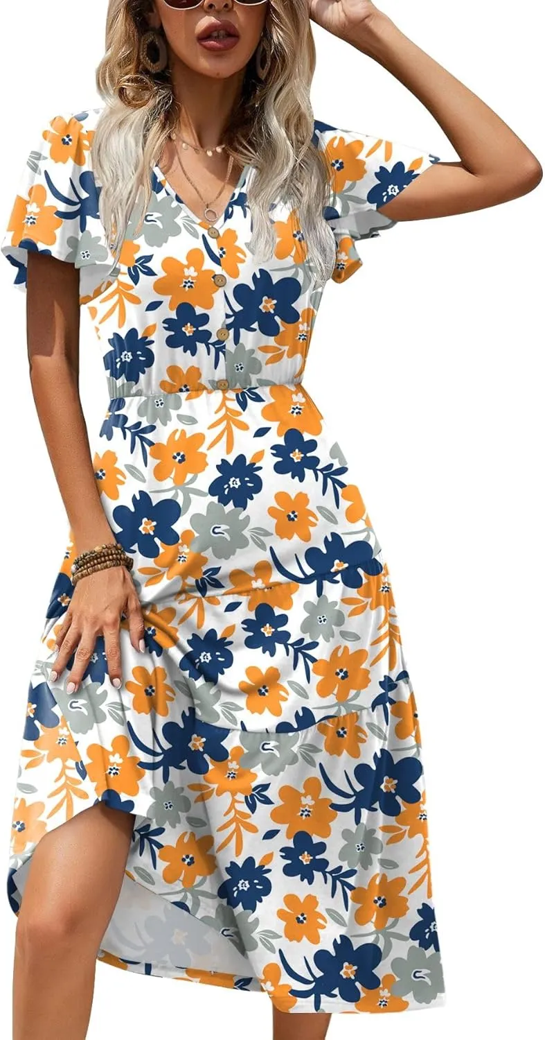 Zeagoo Women's Casual Dress Flutter Button Down Tiered Flowy Dress