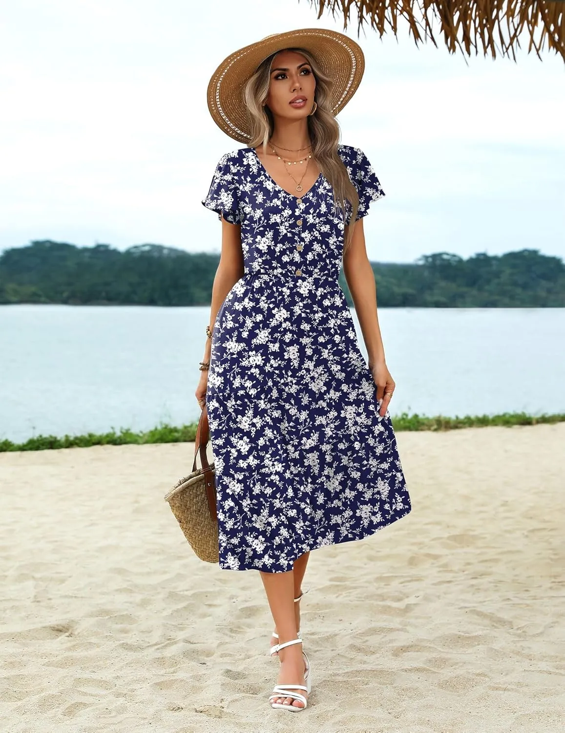 Zeagoo Women's Casual Dress Flutter Button Down Tiered Flowy Dress